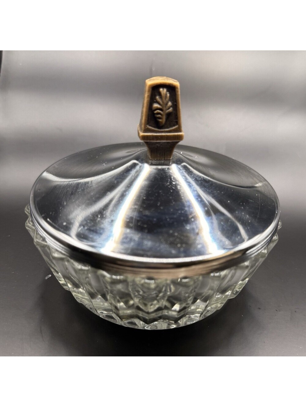 Glass and Metal Powder Jar with Decorative Lid, Approx. 3.5 in Tall